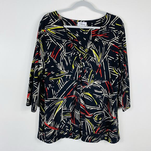 Chaus Plus Size 2X Printed Twist Front 3/4 Sleeve Blouse Top Black - Picture 1 of 5